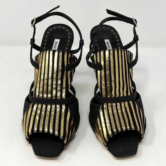 Manolo Blahnik Black & Gold Peep Toe Sandals – Size 37 - Picture 2 of 10